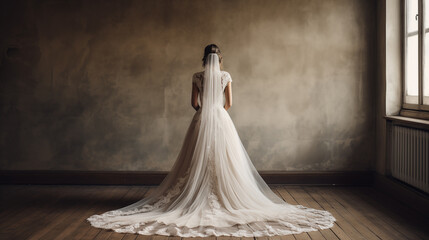 ウェディングドレスを着た後ろ姿の花嫁 - obrazy, fototapety, plakaty