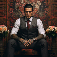 Portrait of a man with the formidable presence of a Yakuza, featuring Irezumi tattoos symbolizing strength and loyalty, and a powerful stance reflecting the respect and authority of Japanese gangster 