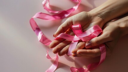 Close-up of hands delicately holding a pink awareness ribbon