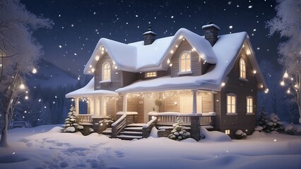 Fototapeta premium Snowy House With Lights In The Snowy Winter Background