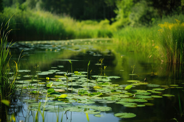 Green pond with lily pads, flowers and reflecting water, natural scene