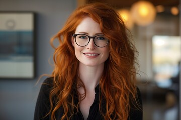 Bright and inviting portrait of a red-haired woman with glasses, smiling confidently in a professional office environment.