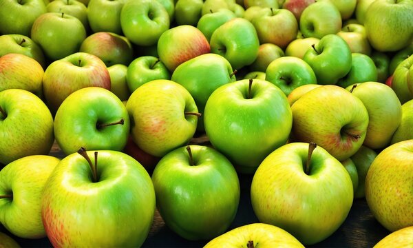 Green and yellow ripe apples as a background