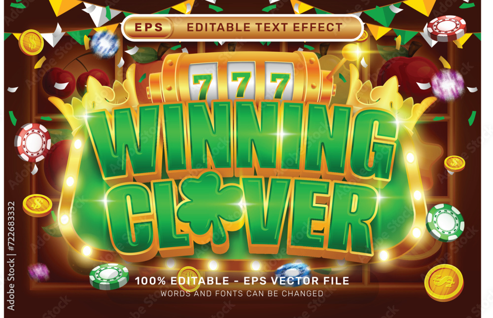 Poster winning clover 3d text effect and editable text effect whit spin and st patrick's day element