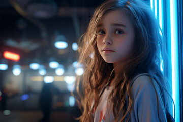 Obraz premium Vibrant energy captured: a girl with flowing hair near a light bar, styled in Unreal Engine 5 visuals with a touch of color reversal film allure