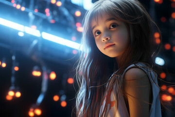 Vibrant energy captured: a girl with flowing hair near a light bar, styled in Unreal Engine 5 visuals with a touch of color reversal film allure