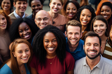 Radiant smiles in a large group, featuring bold chromaticity and selective focus, merging white and brown tones with futurist claims and American regionalism