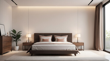 Simple and minimalist bedroom. Aesthetic bedroom with simple colors