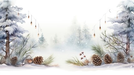 Cold Winter Nature Scene with Snow, Fairy Lights, Holly and Pinecones, White Background 
