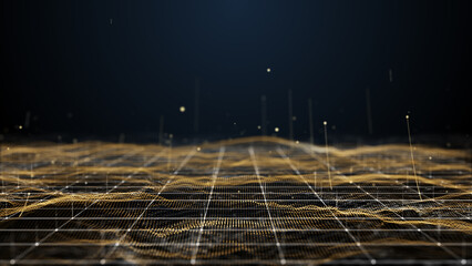 Futuristic flight through a digital line landscape, Brown dust particle ,abstract background. 