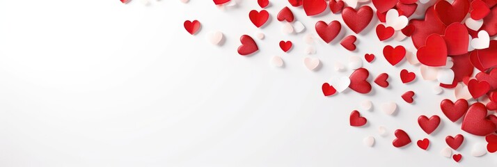 Valentine's day background with gift boxes and red hearts on white background top view.