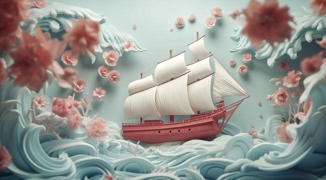 Illustration depicts flowers and a ship