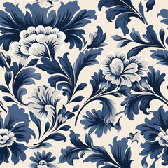 Fototapeta na wymiar Seamless pattern : Navy and white damask classic floral pattern 