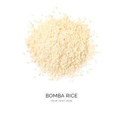 Creative layout made of bomba rice  on the white background. Flat lay. Food concept. Macro concept.