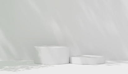 Step podium product placement leaves shadow on white plaster wall background. Abstract studio product presentation. stage showcase on pedestal display beige studio, copy space, backdrop 3d illustrator