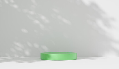 Green cylinder podium leaves natural shadow overlay on studio white background product presentation,  pedestal for business, room studio empty space. Luxury architecture interior aesthetic. 3d render