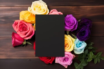 Blank black greeting card with colorful rainbow roses flower on dark wooden background. Valentine's day-wedding. Mockup presentation. advertisement. copy text space.