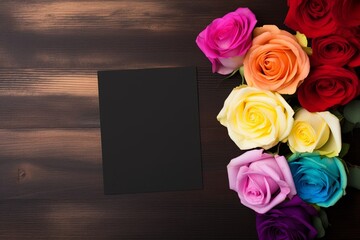Blank black greeting card with colorful rainbow roses flower on dark wooden background. Valentine's day-wedding. Mockup presentation. advertisement. copy text space.