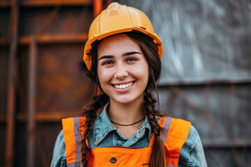 Brunette woman wearing Construction worker uniform for safety on site
