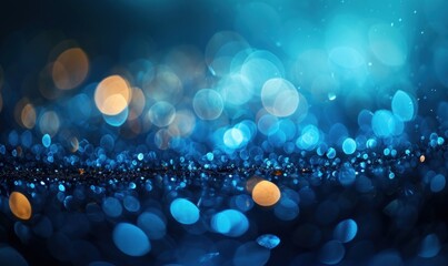 Blue bokeh, raining light, blurry lights, blurry background, blue confettis on a black background, underwater, night lights, city lights, haze, depth of field, round bokeh, circle, Generative AI