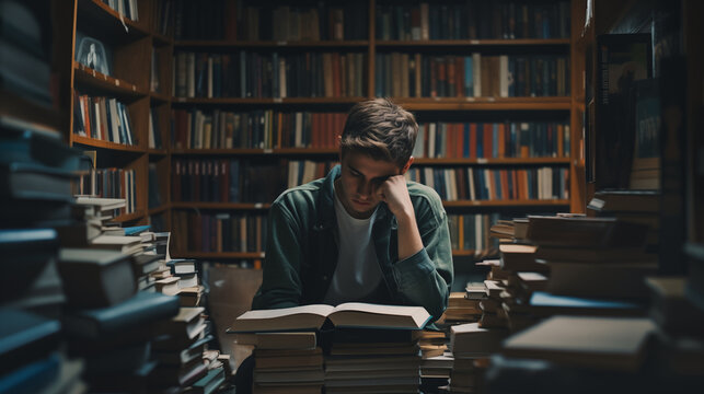 Stressed Student Clutching Head in Library, Generative AI.