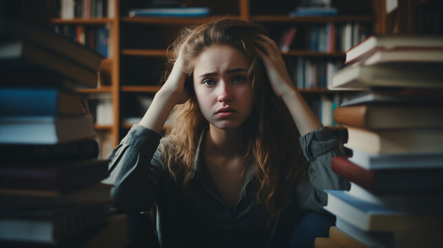 Stressed Student Clutching Head in Library, Generative AI.