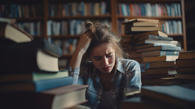 Stressed Student Clutching Head in Library, Generative AI.