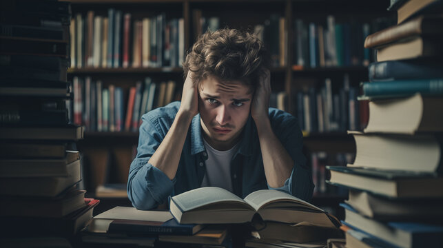 Stressed Student Clutching Head in Library, Generative AI.