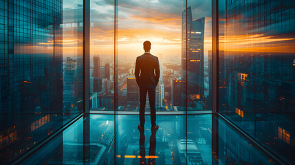 Businessman, Skyscrapers. Backside portrait of male CEO Chief Executive standing in office room looking at cityscape with skyscrapers and electric lights at twilight through wall windows. Generated AI - obrazy, fototapety, plakaty