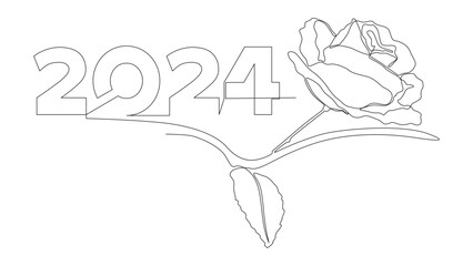 One continuous line of 2024 number with rose flowers. Thin Line Illustration vector concept. Contour Drawing Creative ideas.