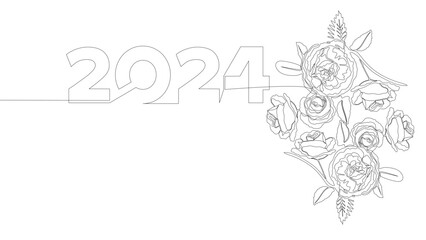 One continuous line of 2024 number with rose flowers. Thin Line Illustration vector concept. Contour Drawing Creative ideas.