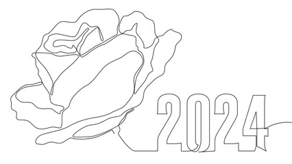 One continuous line of 2024 number with rose flowers. Thin Line Illustration vector concept. Contour Drawing Creative ideas.