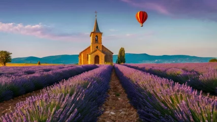Fotobehang Purple lavender fields in bloom with a stone church in background, generative ai © SvetlanaSF