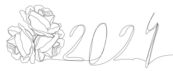 One continuous line of 2024 number with rose flowers. Thin Line Illustration vector concept. Contour Drawing Creative ideas.