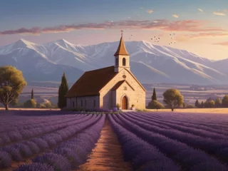 Foto auf Glas Purple lavender fields in bloom with a stone church in background, generative ai © SvetlanaSF