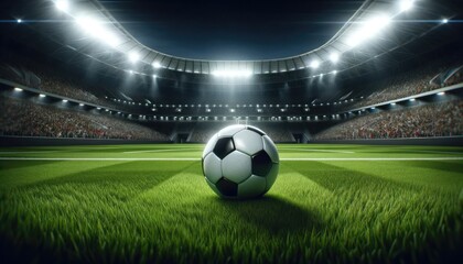 Soccer ball on the field of stadium at night. 3D rendering
