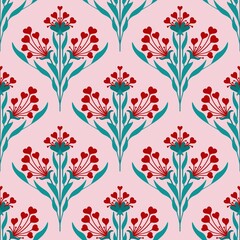 Hand drawn seamless pattern in flower floral st Valentine day style. Elegant colorful love retro vintage design, victorian fabric print, red hearts white emerald green leaves lines, modern damask. - obrazy, fototapety, plakaty