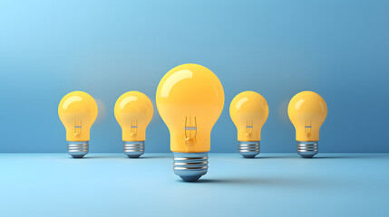 row of white lightbulb with different yellow. different idea and strategy. successful and leadership business concept.