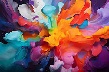 Experience the vibrant allure of a modern abstract painting, featuring swirling vortexes, colorful explosions, and bold yet graceful installations in intense close-ups and soft brushstrokes.