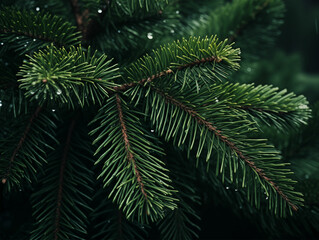 Fototapeta premium Embrace the holiday spirit with a Christmas tree branch featuring lush detailing, Whistlerian aesthetics, and calming symmetry, set against spectacular backdrops of green academia.