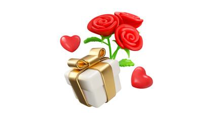 Vector 3d gift for woman icon. Red flowers present box in cartoon stylized illustration, isolated on white background. Happy mothers day or Women day concept. Email marketing element - 722693381