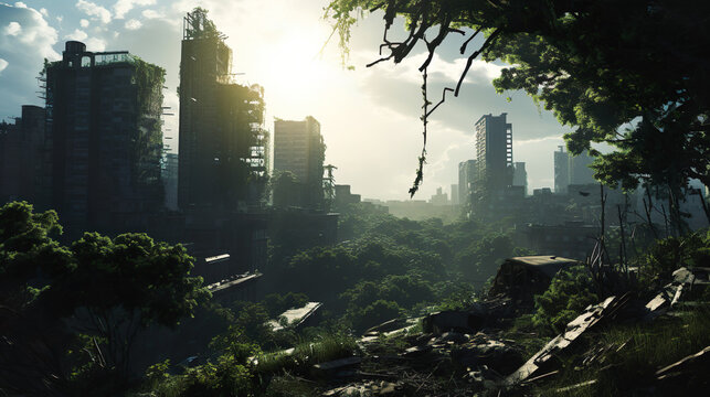 植物に浸食されて荒廃した都市の風景