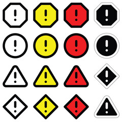 Alert sign symbol warning attention sign with exclamation mark symbol with various different shapes octagon and colors hazard traffic warning danger icon design vector flat design for website mobile 