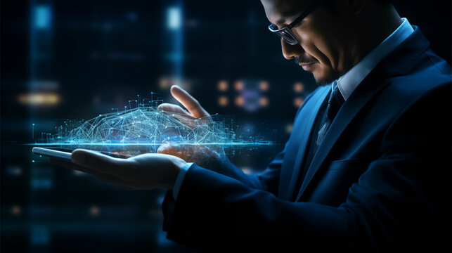 Experience cyber security in action with a UHD image featuring a man using phone and hand, bathed in light navy and aquamarine, embodying fluid networks and clear edge definition.