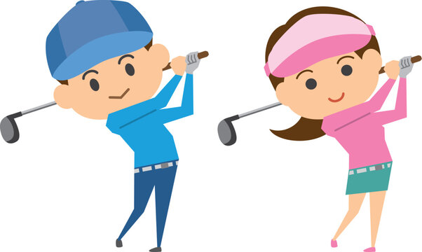 ゴルフをする男性と女性のイメージイラストセット
