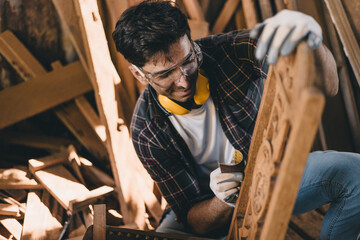 professional carpenter man hand working make wooden handcraft furniture master workpiece fine...