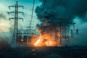 During terrorist attack, an electric power substation was blown up, causing fire to break out. Generative AI - obrazy, fototapety, plakaty