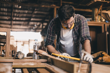 professional carpenter man hand working make wooden handcraft furniture master workpiece fine...