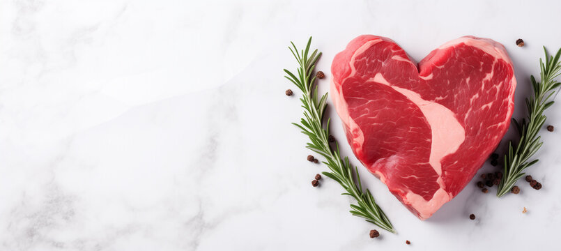 Heart-shaped raw meat for valentine's day dinner preparation with copy space