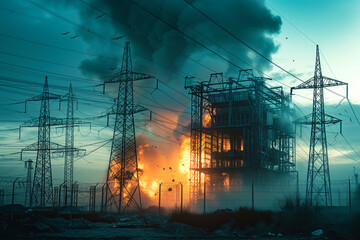 During terrorist attack, an electric power substation was blown up, resulting in fire that completely destroyed everything in substation Generative AI - obrazy, fototapety, plakaty
